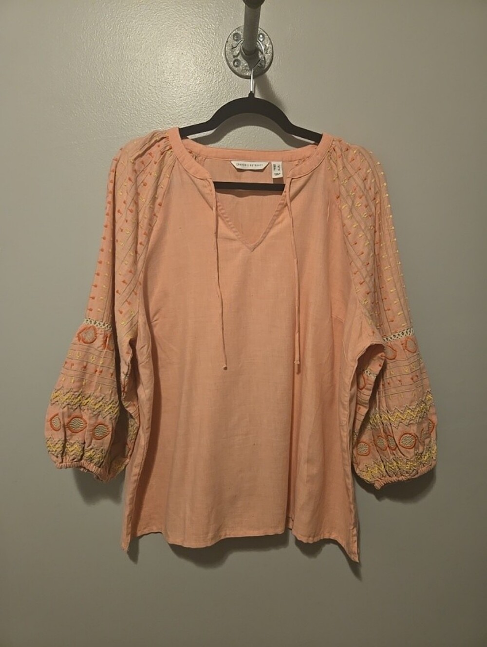 Canyon Retreat Womens Belmont Boho Raglan Top Sz. L Peach Coral Embroidered